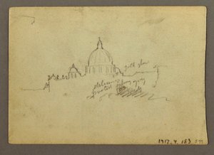 Teckning, fjärrvy av Peterskyrkans kupol, Rom, Italien, januari 1869 av Frederic Edwin Church