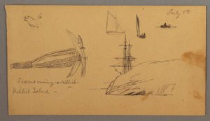 Teckning, Hund, segelbåtsstudier, ankare, klippor, möjligen 8 juli 1859 av Frederic Edwin Church