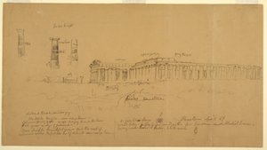Ritning, Doriska grekiska tempel för Athena (tidigare Ceres), Hera II (tidigare Neptunus) och Hera I (tidigare Basilika), Paestum, Salerno, Italien, april 1869 av Frederic Edwin Church