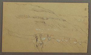 Ritning, El Yemen-dalen, Arabien: Klippvägg med den övre delen som liknar en rad kolonner, 20 februari 1868 av Frederic Edwin Church