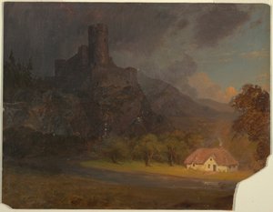 Ritning, Engelskt slott och stuga, ca 1844 av Frederic Edwin Church