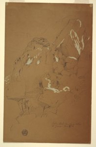 Teckning, Nedfallen sten fångad på bråte, El Yemen, 2 mars 1868 av Frederic Edwin Church