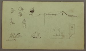 Teckning, Figurstudier, Segelbåt, Arkitekturstudier, möjligen 1868 av Frederic Edwin Church