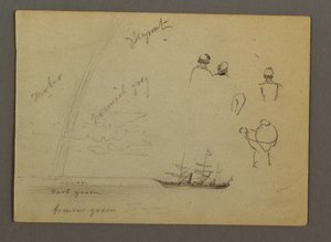 Teckning, Figurstudier, Segelfartyg, Regnbåge, möjligen 1868 av Frederic Edwin Church