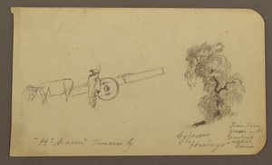 Teckning, Figur och oxkärra, Cypresser; Verso: Vy över Cuitzeosjön, januari 1885 av Frederic Edwin Church