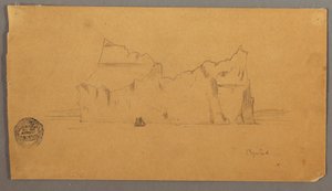 Teckning, flytande isberg med segelbåt, möjligen 1859 av Frederic Edwin Church
