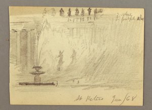 Teckning, Fontän på Piazza vid Peterskyrkan, Rom, Italien, januari 1868 av Frederic Edwin Church