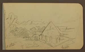 Teckning, Trädgård, Hus, Cuautla; Verso: Kyrka, Ladugård, Cuautla, februari 1885 av Frederic Edwin Church
