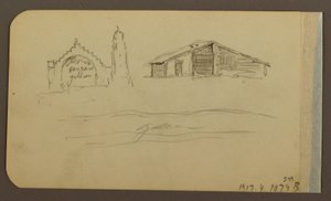 Teckning, Trädgård, Hus, Cuautla; Verso: Kyrka, Ladugård, Cuautla, februari 1885 av Frederic Edwin Church