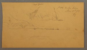 Teckning, Hamn, Segelbåtar, Berg, 21 juni 1859 av Frederic Edwin Church