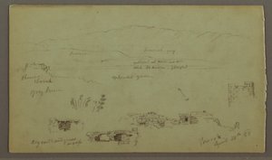 Ritning, bergskedja över slätt, ruiner, 28 april 1868 av Frederic Edwin Church
