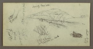 Teckning, kulle, buskage, figur, kamelstudier, möjligen 1868 av Frederic Edwin Church