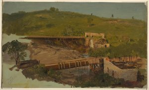 Teckning, kulle med viadukter och kvarnruiner, nära Catskill, New York, ca 1865 av Frederic Edwin Church