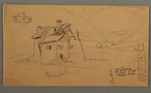Teckning, Hlaf-Ruined House in Valley, två figurer, 1868 av Frederic Edwin Church
