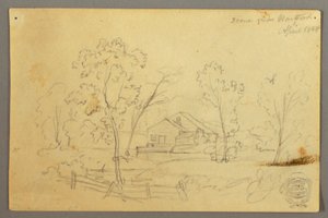 Teckning, Hus i skogen vid en bäck, april 1845 av Frederic Edwin Church