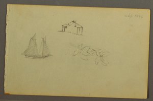 Ritning, Hus, segelbåt, växt, september 1844 av Frederic Edwin Church