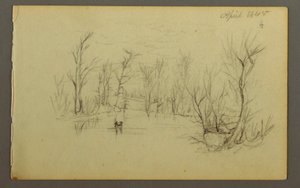 Teckning, Htakie () Pond, två personer i kanot, 1845 av Frederic Edwin Church