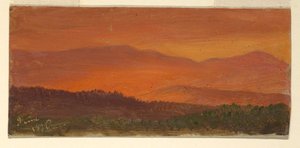 Teckning, Hudson Valley och avlägsna berg vid solnedgången, juni 1870 av Frederic Edwin Church