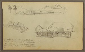 Teckning, Landskap, Trädkronor, hus, 1857 av Frederic Edwin Church