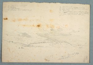 Teckning, Landskap i Hudson Valley; a tergo: Skiss av kyrka med tre skepp, 14 juni 1870 av Frederic Edwin Church