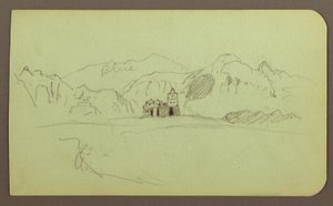 Teckning, Landskap med kyrka; A tergo: Landskap, 1883 av Frederic Edwin Church