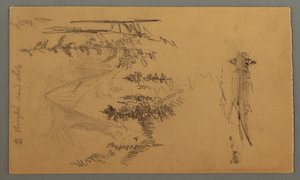 Teckning, Man i båt, Rocky Peak over Pines, möjligen 1868 av Frederic Edwin Church