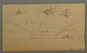 Teckning, medeltida slott, två torn, figurstudier, nära Thun, möjligen 1868 av Frederic Edwin Church