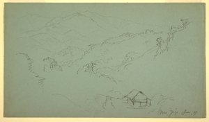 Teckning, Bergslandskap, Hus, "nära Jorje", Ecuador, juni 1857 av Frederic Edwin Church