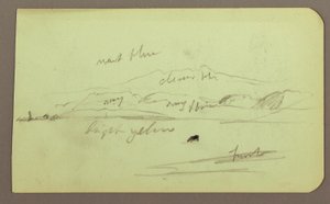 Teckning, bergslandskap; Averso: Sittande figur, berg, 1883 av Frederic Edwin Church