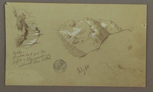 Teckning, bergstoppar, flod, juli 1868 av Frederic Edwin Church