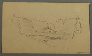 Teckning, bergstoppar, vägkantshelgedom, augusti 1868 av Frederic Edwin Church