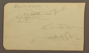 Teckning, Bergskedjor, Cuautla, Kyrka; Averso: Hukande häst, Landskapsnoteringar, februari 1885 av Frederic Edwin Church