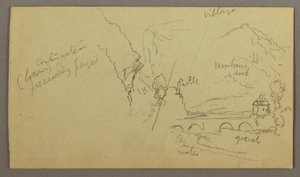 Teckning, Bergsdal, Bro, Byggnader, möjligen 1868-69 av Frederic Edwin Church