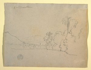 Teckning, bergig strand av en bukt, Sydamerika, 1853 av Frederic Edwin Church