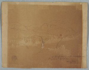Teckning, Bergslandskap med vattenfall, nära Tuquerres, Colombia, augusti 1853 av Frederic Edwin Church