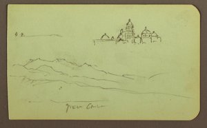 Teckning, Berg, Kyrka; Verso: Figurer, Kyrka, 1883 av Frederic Edwin Church