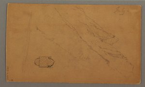 Teckning, Berg reser sig över sjö, juli möjligen 1868 av Frederic Edwin Church