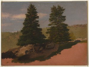 Teckning, New England-landskap (två pinjeträd), 1850 av Frederic Edwin Church