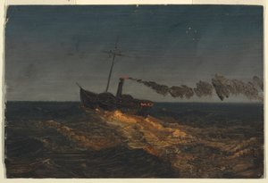 Teckning, Hjulångare i skymningen, ca 1853 av Frederic Edwin Church