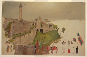Teckning, parad på väg in i staden, Jaffa, början av mars 1868 av Frederic Edwin Church