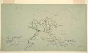 Ritning, Del av gammal mur vid Paestum, olivträd växer på den, april 1869 av Frederic Edwin Church