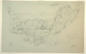 Teckning, Petra, Jordanien från väster, med palatset och de korintiska gravarna, 26 februari 1868 av Frederic Edwin Church