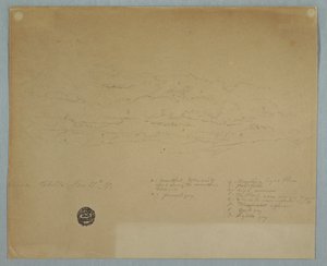 Teckning, Regn som faller från en molnig himmel över bergsryggar, Hacienda Chillo, Ecuador, 27 juli 1857 av Frederic Edwin Church