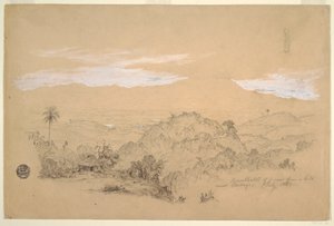 Teckning, Minnen av en utsikt från en kulle nära Cartago, Colombia med en kvinna som bär en vattenkanna på huvudet, juli 1853 av Frederic Edwin Church