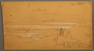 Teckning, Flod genom bergsdal med himmel och halvmåne, november 1866 av Frederic Edwin Church