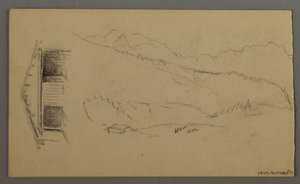 Ritning, hustak, port, bergstoppar, augusti 1868 av Frederic Edwin Church
