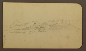 Teckning, kargt berg över slätt; a tergo: Figurer, landskap, 12 december 1884 av Frederic Edwin Church