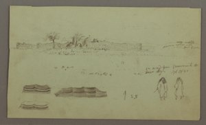 Teckning, Ruiner omgivna av murar, tält, två figurstudier, 28 april 1868 av Frederic Edwin Church