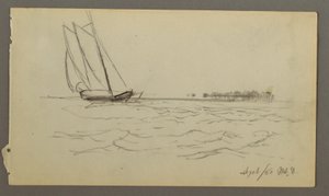 Teckning, Segelbåt rider på vågor, 1860 av Frederic Edwin Church