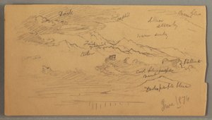 Teckning, Skarpa bergstoppar, molnig himmel, juni 1874 av Frederic Edwin Church